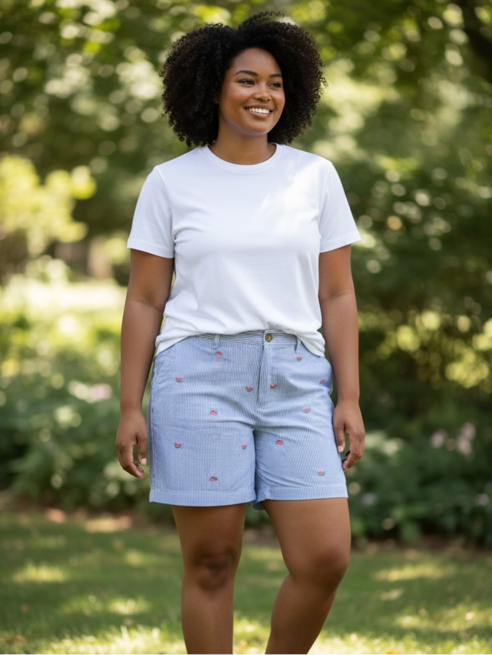 Talbots Blue & White Pinstripe Shorts with Pink Watermelon Embroidery